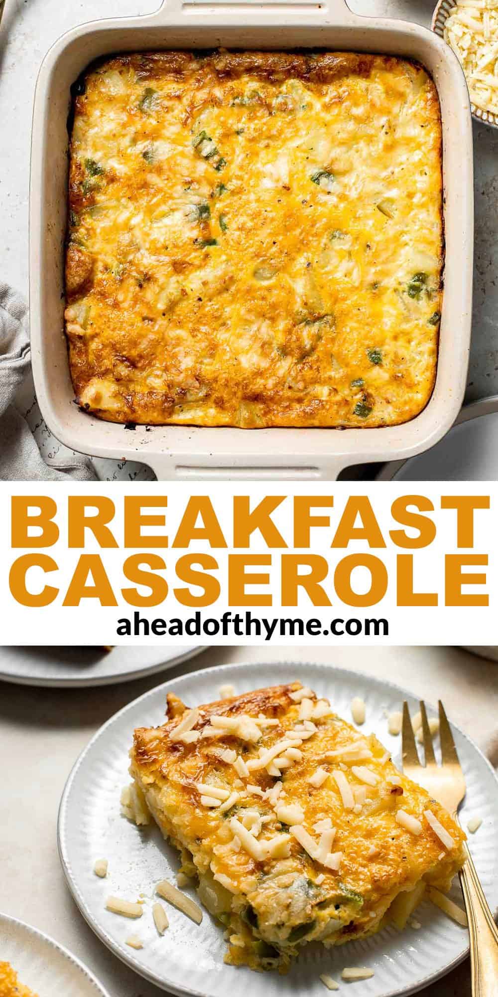 Egg and Potato Breakfast Casserole is an easy vegetarian breakfast bake loaded with veggies. It is completely customizable and can be made ahead of time. | aheadofthyme.com