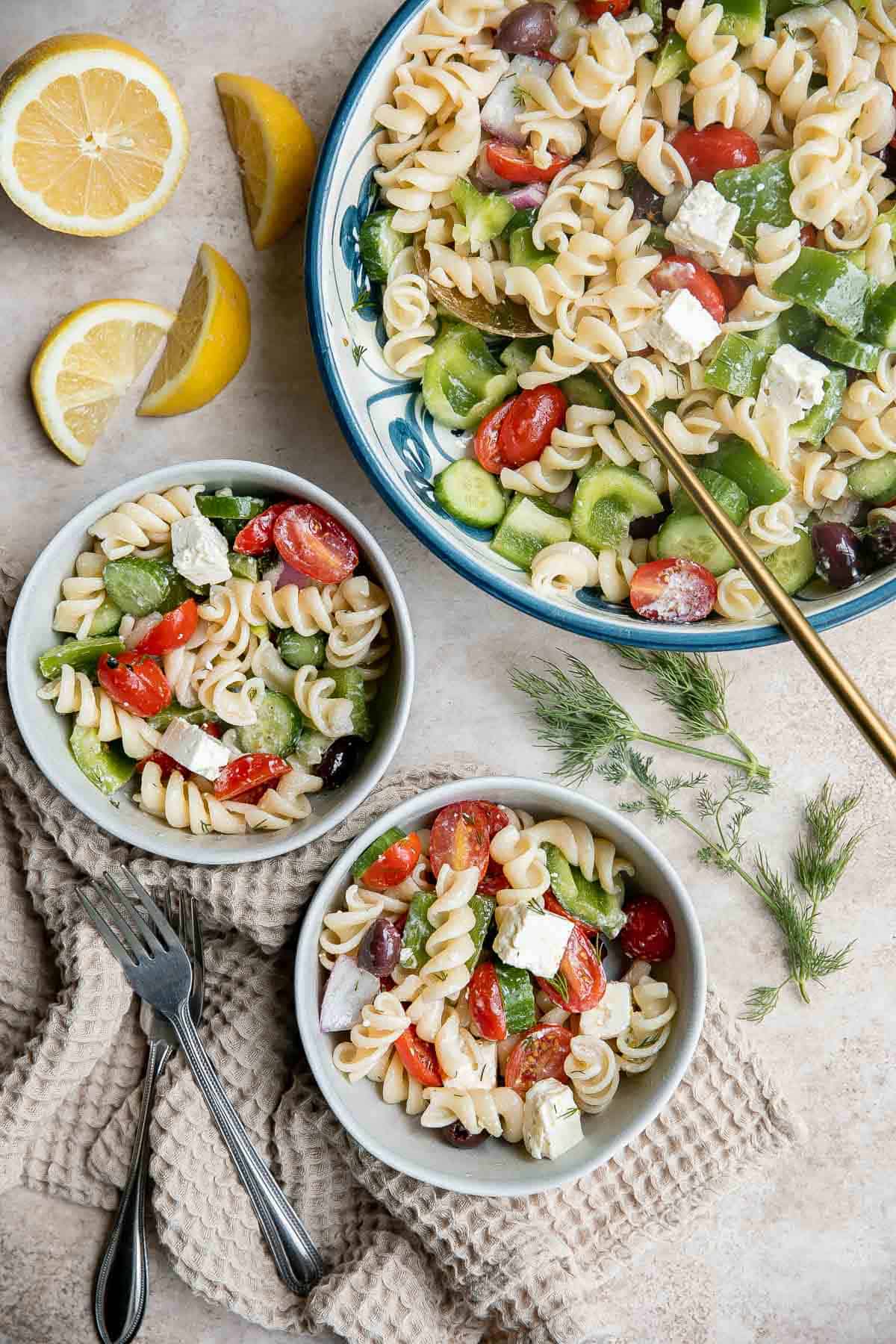 Greek Pasta Salad is quick and easy, loaded with Mediterranean flavors, and delicious. Serve it at a summer cookout or potluck, or meal prep weekly lunches. | aheadofthyme.com