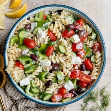 Greek Pasta Salad is quick and easy, loaded with Mediterranean flavors, and delicious. Serve it at a summer cookout or potluck, or meal prep weekly lunches. | aheadofthyme.com