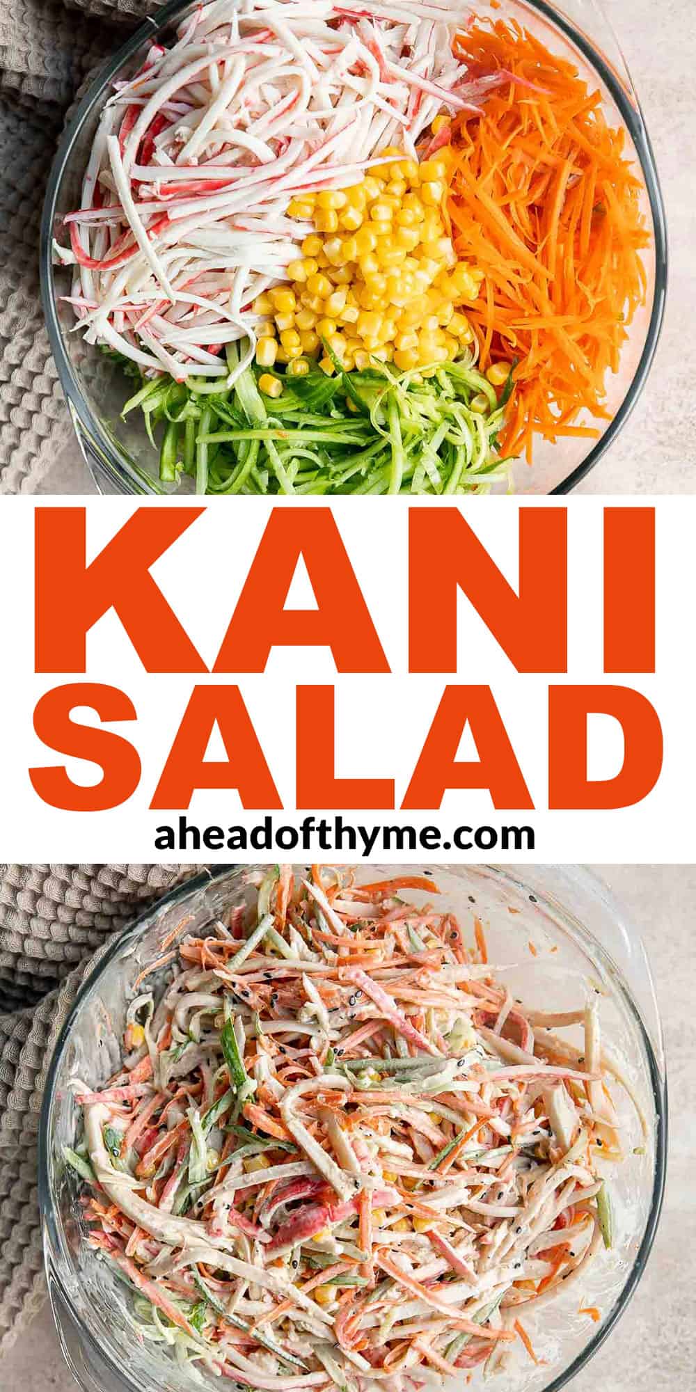 Kani Salad is loaded with thin strips of crab, julienned vegetables, and a creamy mayo dressing (which can be made spicy for a Spicy Kani Salad). | aheadofthyme.com