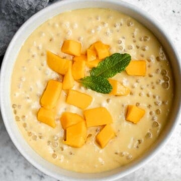 Mango sago is a popular Asian dessert that’s creamy, fruity, cold tapioca pudding dessert is easy to make at home with just a few simple ingredients. | aheadofthyme.com