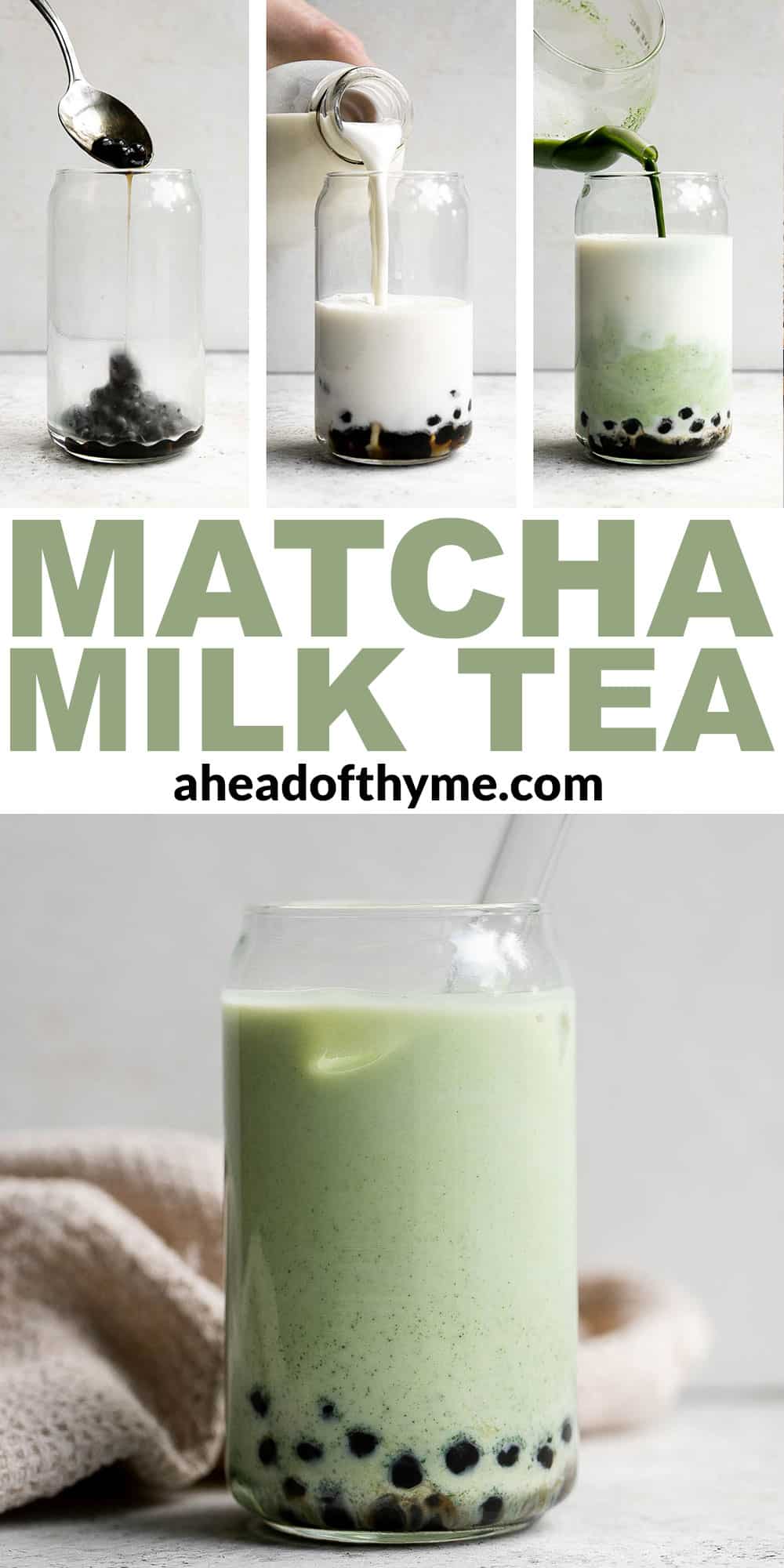 Iced Matcha Milk Tea with boba tapioca pearls is rich, refreshing, and delicious. Made with 3 ingredients, matcha bubble tea is easy to make at home. | aheadofthyme.com