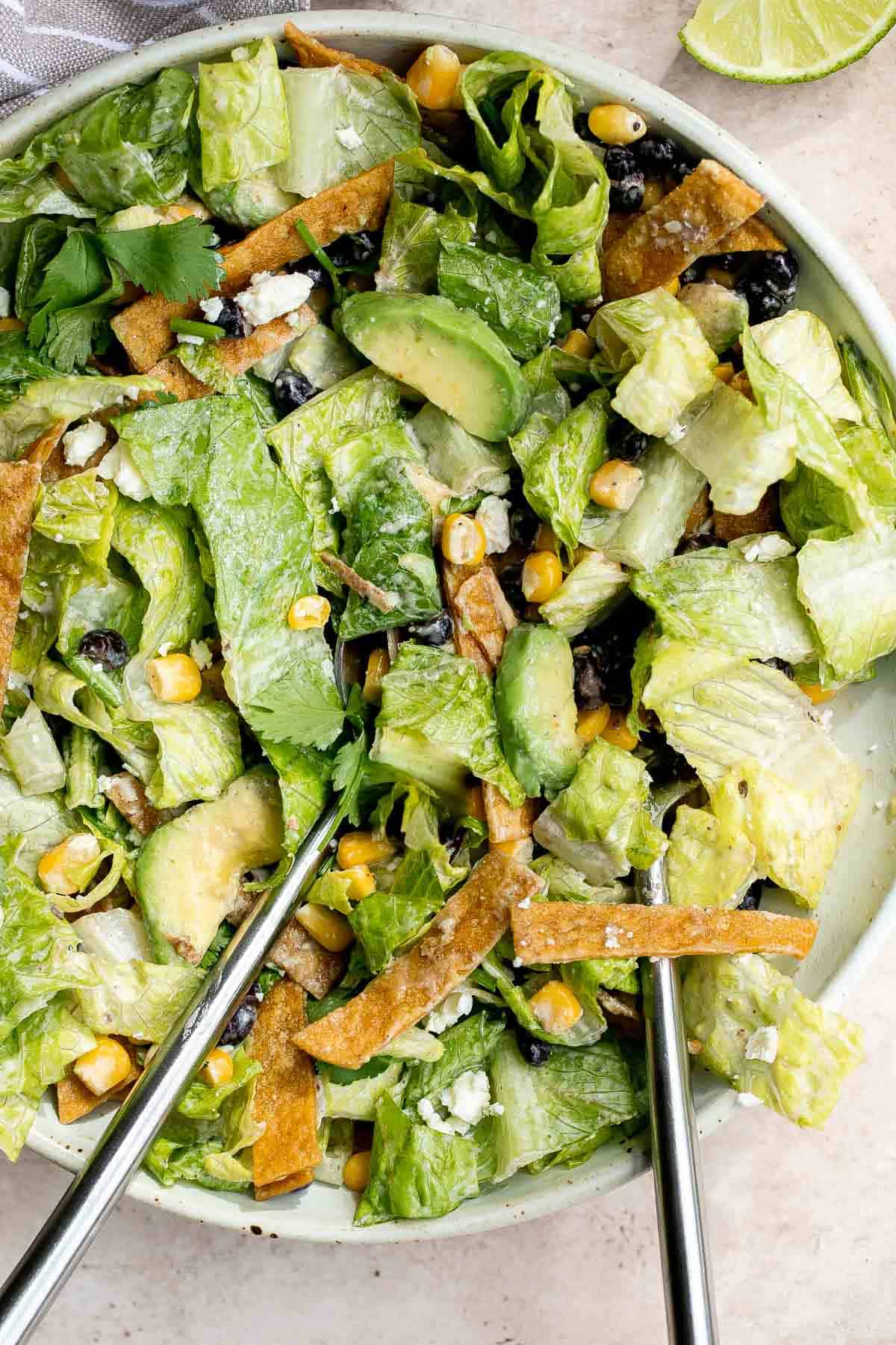 This Mexican Caesar Salad is loaded with Mexican ingredients. It's fresh, light, delicious, flavorful — and might even taste better than the original! | aheadofthyme.com