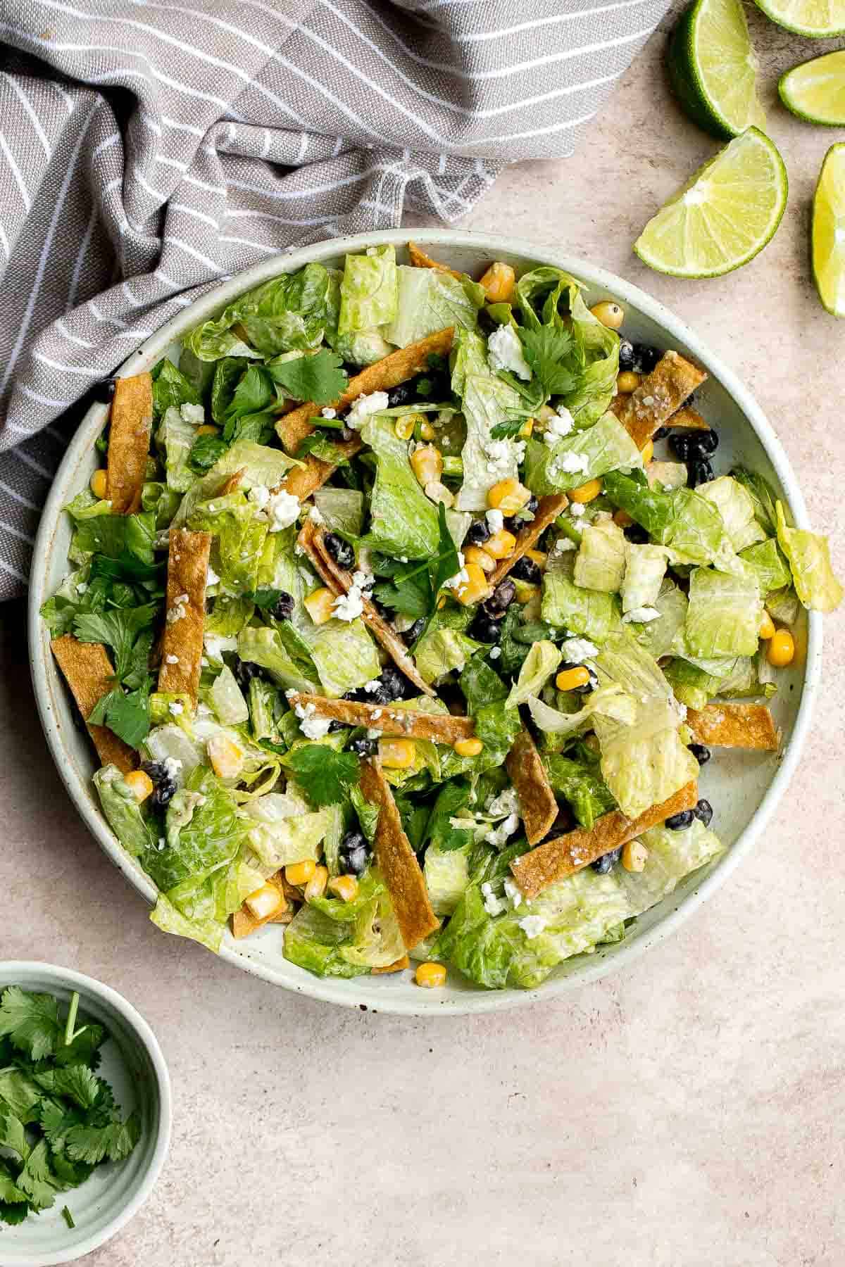 This Mexican Caesar Salad is loaded with Mexican ingredients. It's fresh, light, delicious, flavorful — and might even taste better than the original! | aheadofthyme.com