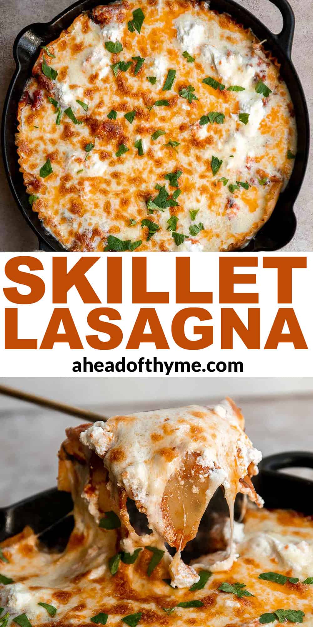 This one pan Skillet Lasagna has all the same ingredients and flavors as a traditional meat lasagna but with minimal prep and is ready in just 40 minutes. | aheadofthyme.com