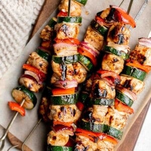 Grilled Balsamic Chicken Kabobs are a delicious flavorful summer grill staple marinated in a balsamic sauce, skewered with vegetables, and grilled or baked. | aheadofthyme.com