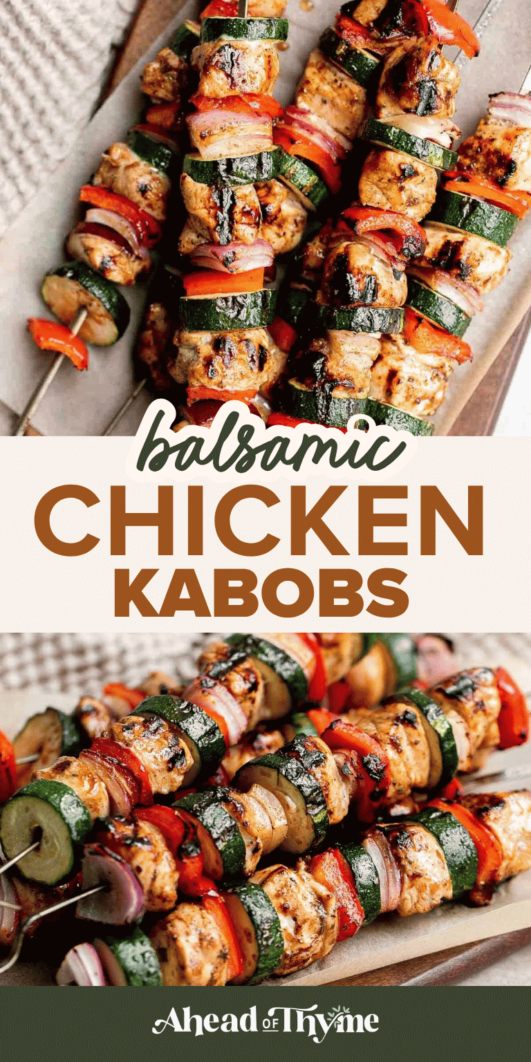Balsamic Chicken Kabobs, juicy grilled chicken skewers marinated in a balsamic marinade with colorful vegetables.