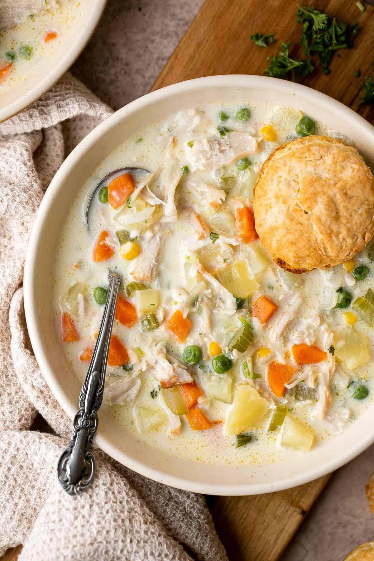 Chicken Pot Pie Soup has all the classic flavors of chicken pot pie, but in a hearty soup form with tender chicken, veggies, and a rich creamy broth. | aheadofthyme.com