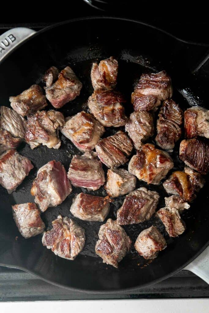 Garlic Butter Steak Bites are tender, juicy, and flavorful. This quick and easy appetizer or weeknight dinner takes just 15 minutes to make in one skillet. | aheadofthyme.com