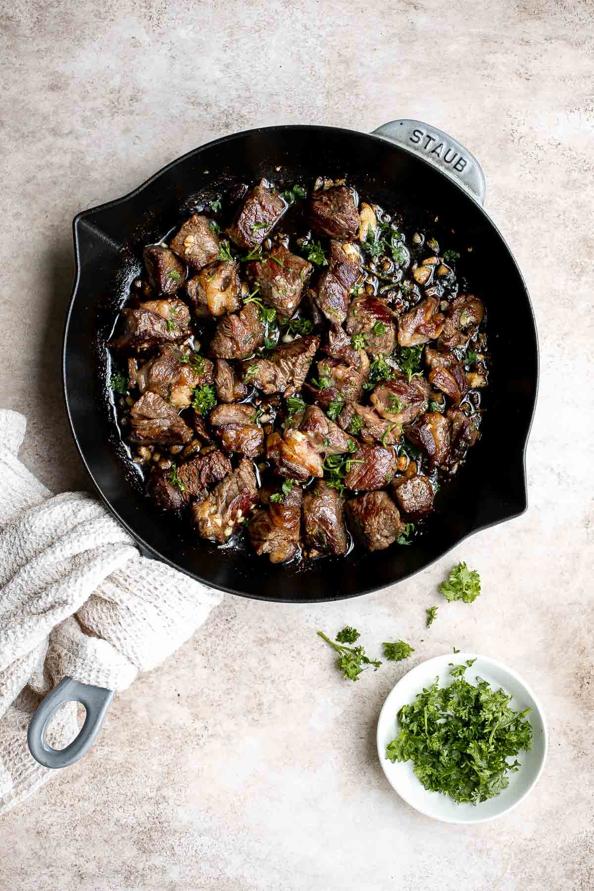 Garlic Butter Steak Bites are tender, juicy, and flavorful. This quick and easy appetizer or weeknight dinner takes just 15 minutes to make in one skillet. | aheadofthyme.com