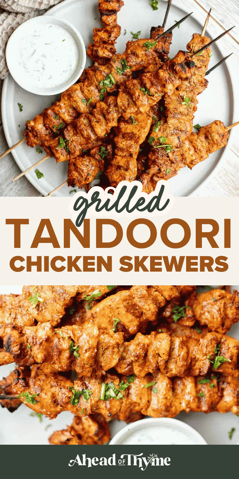 Grilled Tandoori Chicken Skewers are marinated in a creamy yogurt and spice mixture, then grilled until juicy and lightly charred. An easy Indian-inspired dinner with oven and air fryer options.