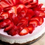 No Bake Strawberry Cheesecake is light, smooth, and creamy. This easy mousse cheesecake is made with a cheesecake layer and a strawberry mousse layer. | aheadofthyme.com