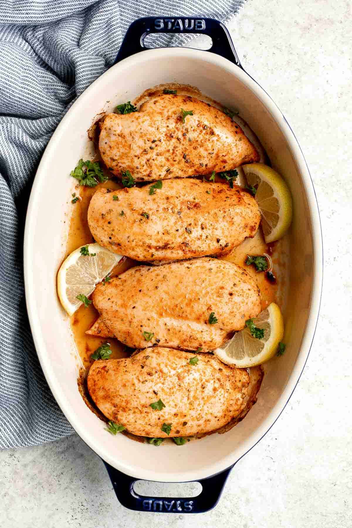 This Oven Baked Chicken Breast is juicy, tender, and delicious. It’s quick and easy to make with a simple seasoning blend that packs on the flavor. | aheadofthyme.com