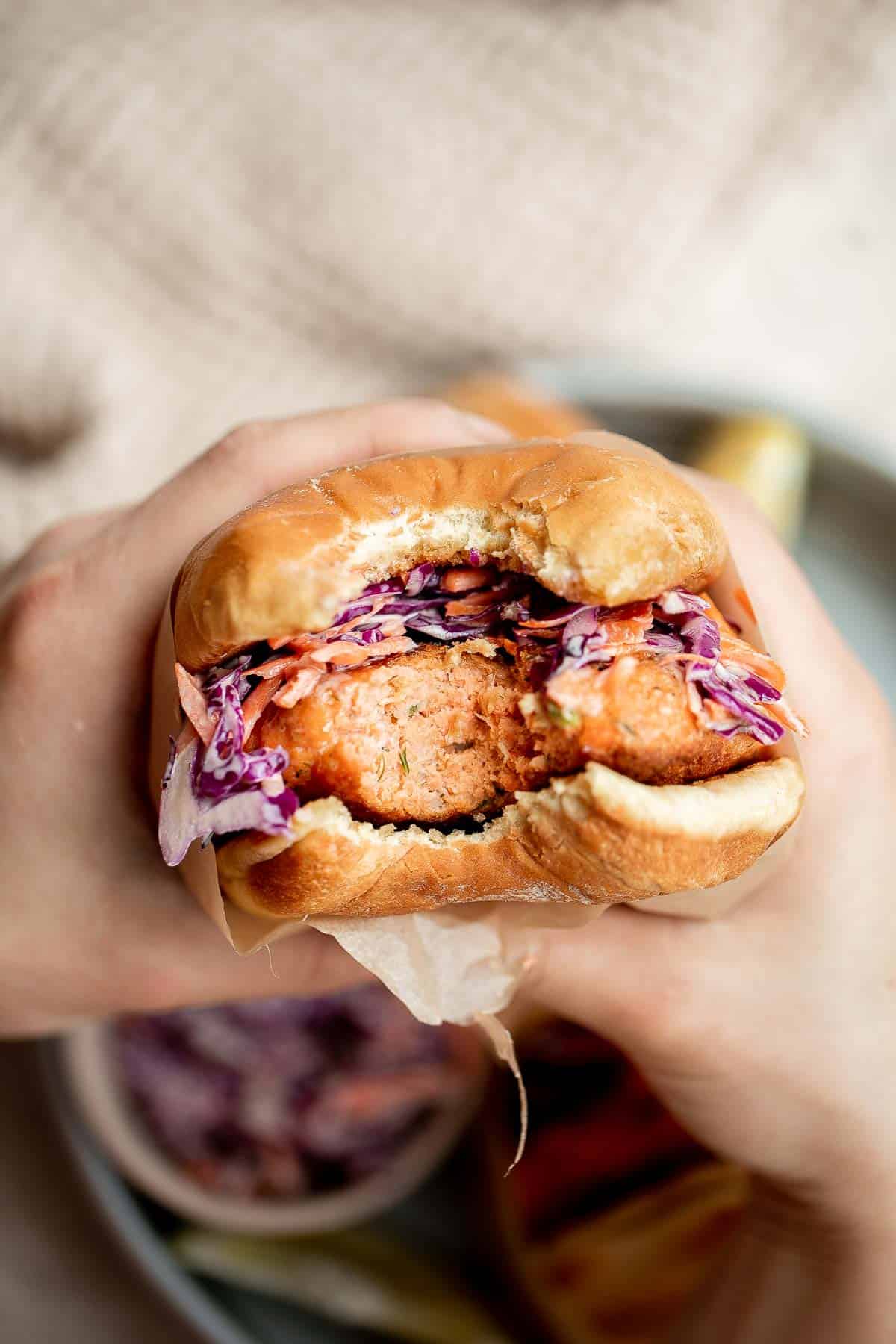 These Salmon Burgers made with real fresh salmon, are crispy on the outside and flaky inside, juicy and thick, and healthy and packed with protein. | aheadofthyme.com