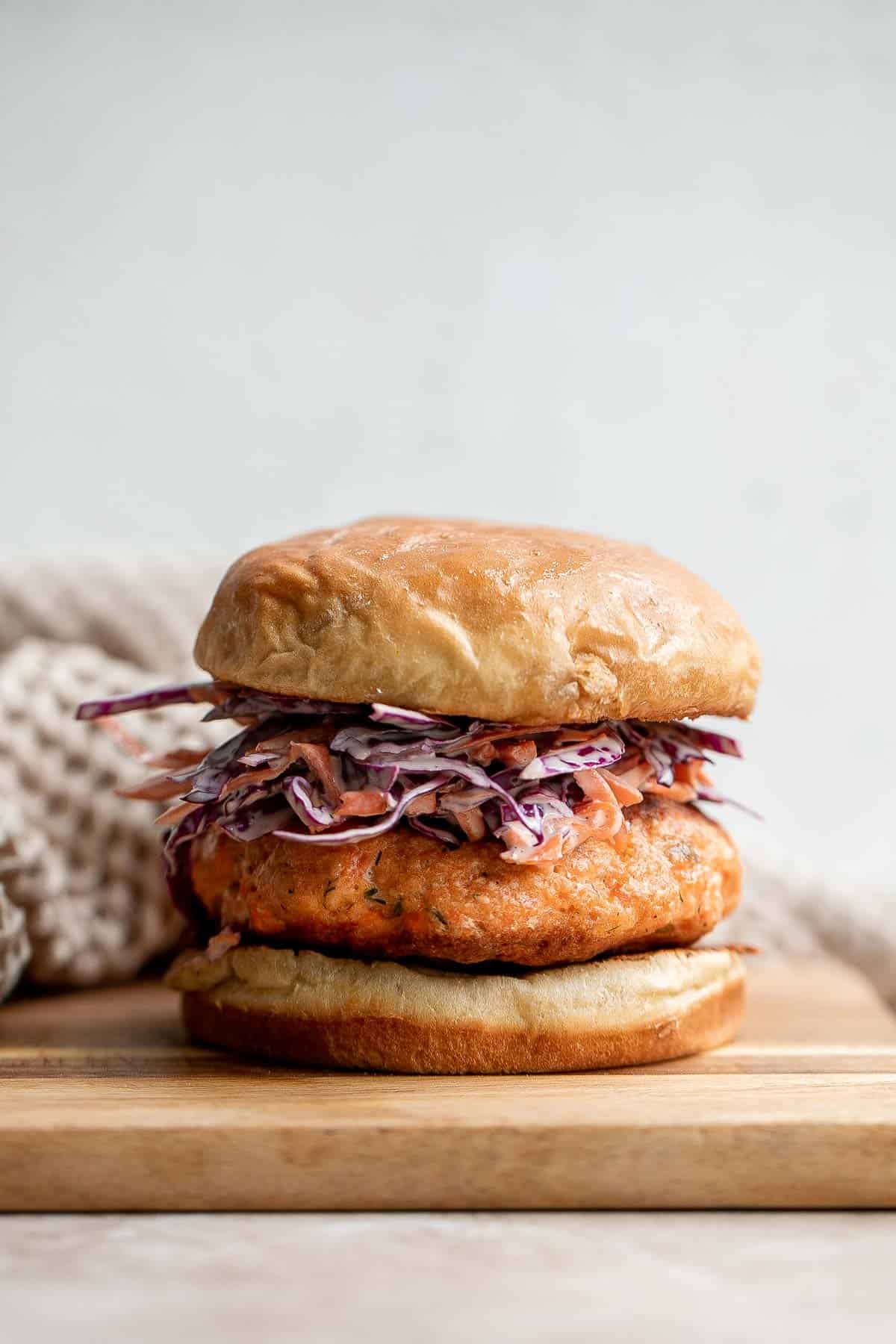 These Salmon Burgers made with real fresh salmon, are crispy on the outside and flaky inside, juicy and thick, and healthy and packed with protein. | aheadofthyme.com