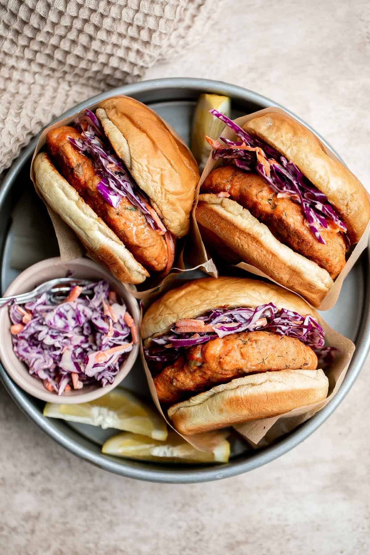 These Salmon Burgers made with real fresh salmon, are crispy on the outside and flaky inside, juicy and thick, and healthy and packed with protein. | aheadofthyme.com