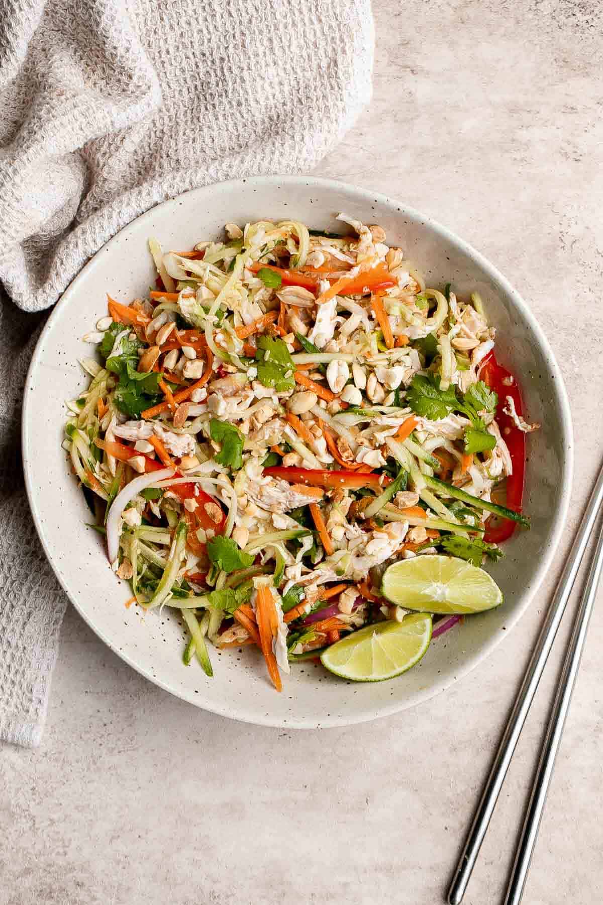 Vietnamese chicken salad (known as goi ga) made with shredded chicken and nuoc cham dressing is a fresh, tangy salad full of flavor, color, and texture. | aheadofthyme.com