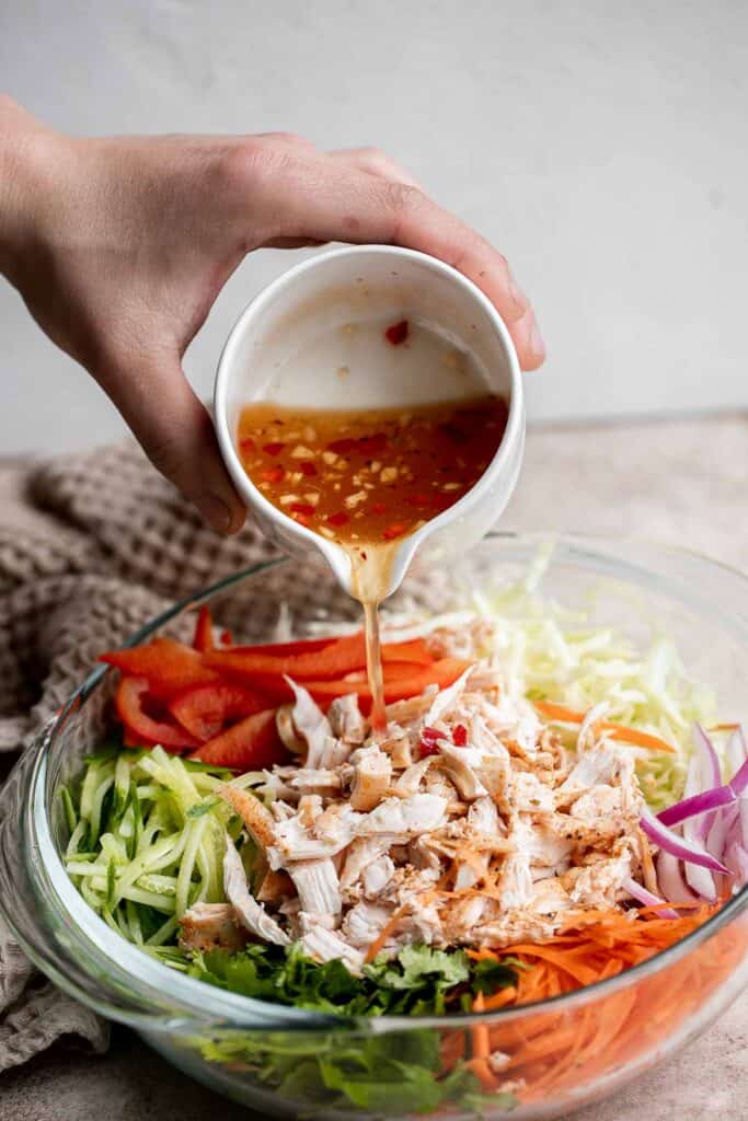 Vietnamese chicken salad (known as goi ga) made with shredded chicken and nuoc cham dressing is a fresh, tangy salad full of flavor, color, and texture. | aheadofthyme.com