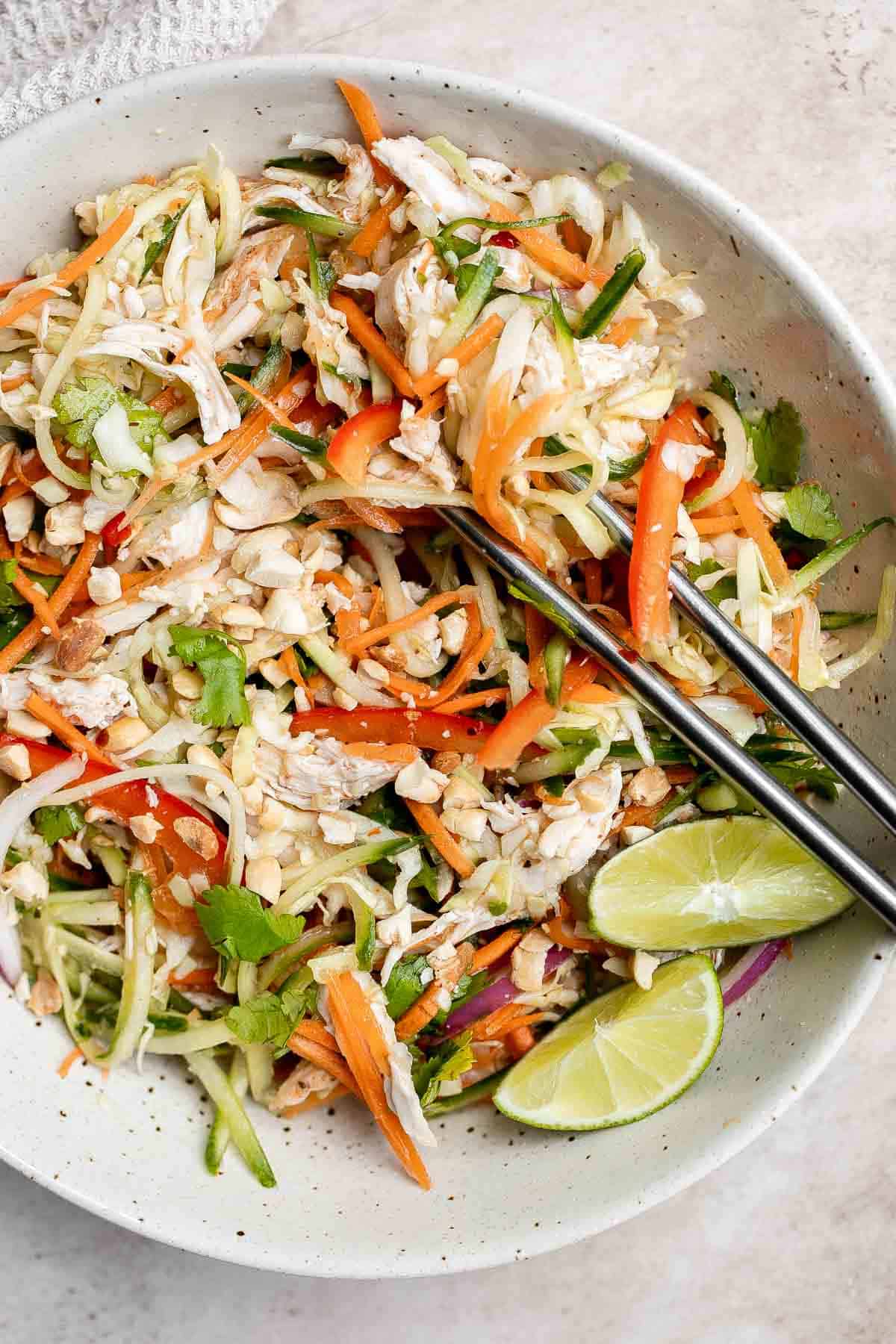 Vietnamese chicken salad (known as goi ga) made with shredded chicken and nuoc cham dressing is a fresh, tangy salad full of flavor, color, and texture. | aheadofthyme.com