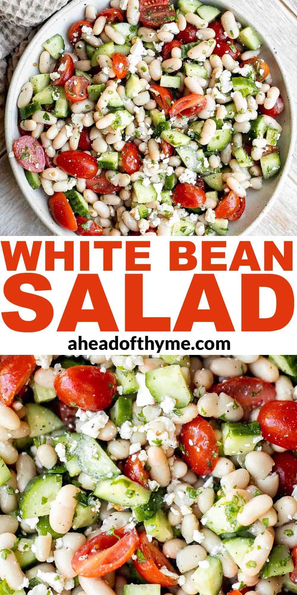 Mediterranean White Bean Salad is loaded with cannellini beans, veggies, feta, and fresh herbs, tossed in a homemade Greek dressing. Perfect for meal prep! | aheadofthyme.com