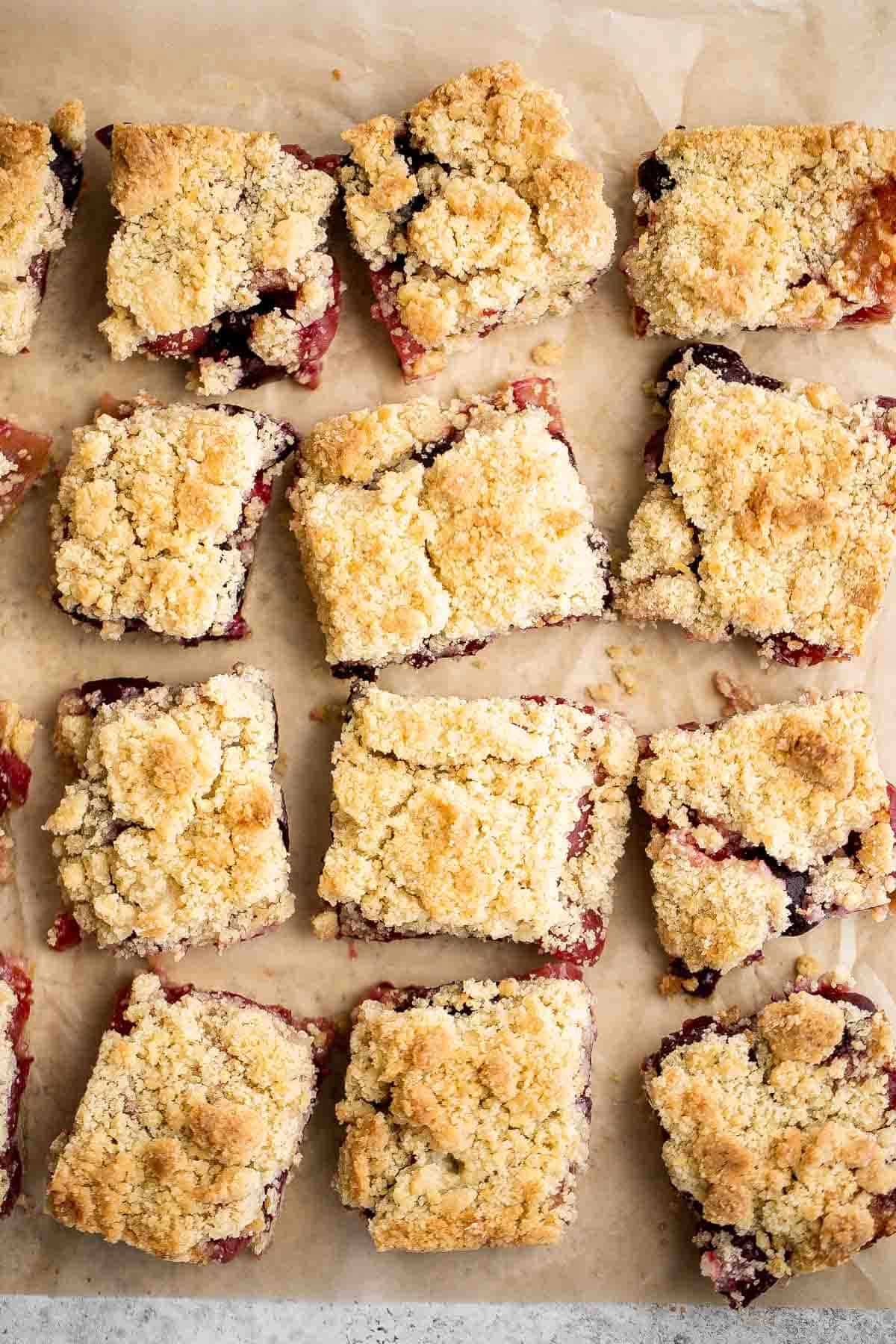 These bakery-style homemade Cherry Crumb Bars with 3 delicious layers are sweet, buttery, and tart. They’re easy to make and ready in just over an hour. | aheadofthyme.com