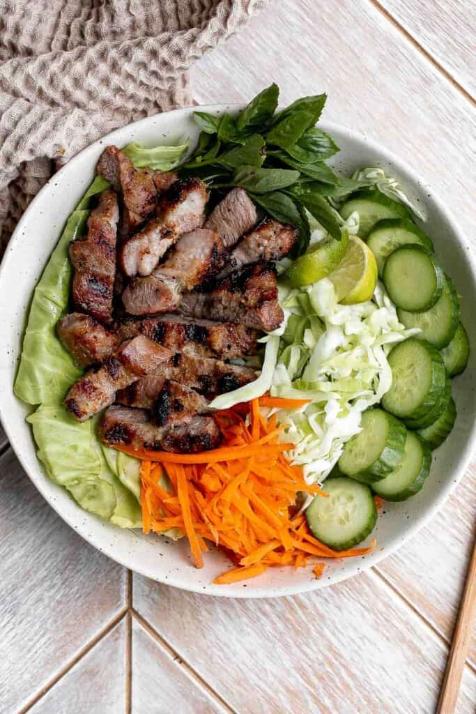 Vietnamese Grilled Pork (Bún Thịt Nướng) is delicious, flavorful, and easy to make. It’s tender and juicy on the inside, and perfectly charred outside. | aheadofthyme.com