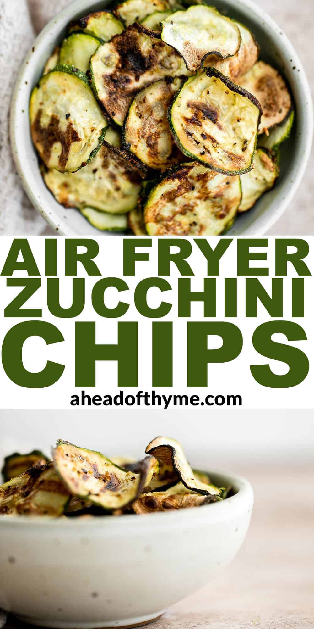 Air fryer zucchini chips make an excellent snack or side dish — they are savory, salty, and flavorful! A quick and easy recipe made with 5 ingredients. | aheadofthyme.com