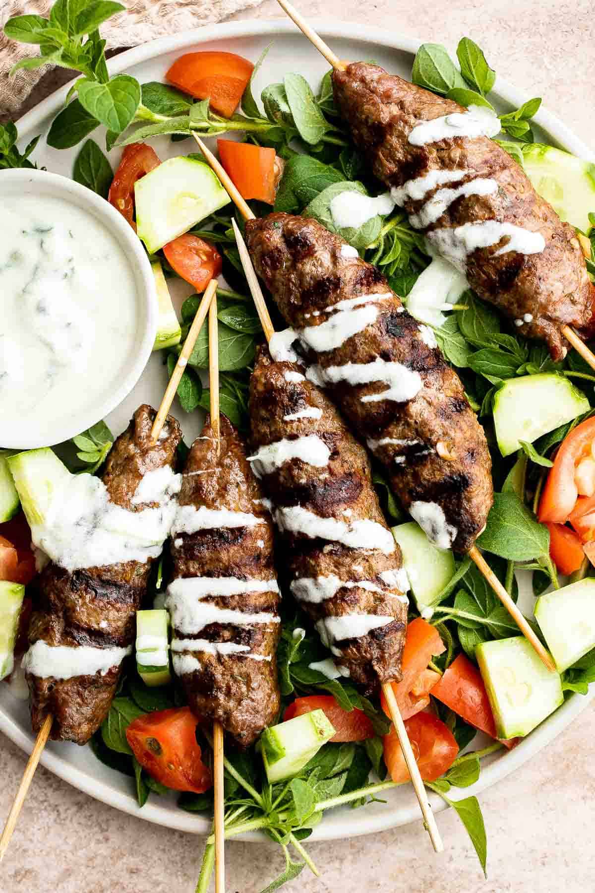 Mediterranean Beef Kofta Kebabs are juicy, tender, flavorful, and well seasoned . These grilled ground beef skewers are quick and easy to make in 30 minutes. | aheadofthyme.com