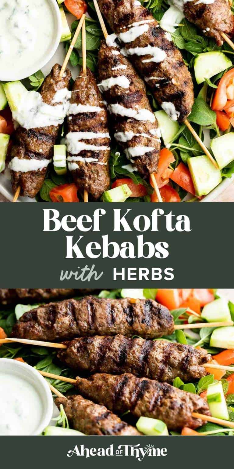 Beef Kofta Kebabs with Herbs served with fresh salad and creamy yogurt sauce.