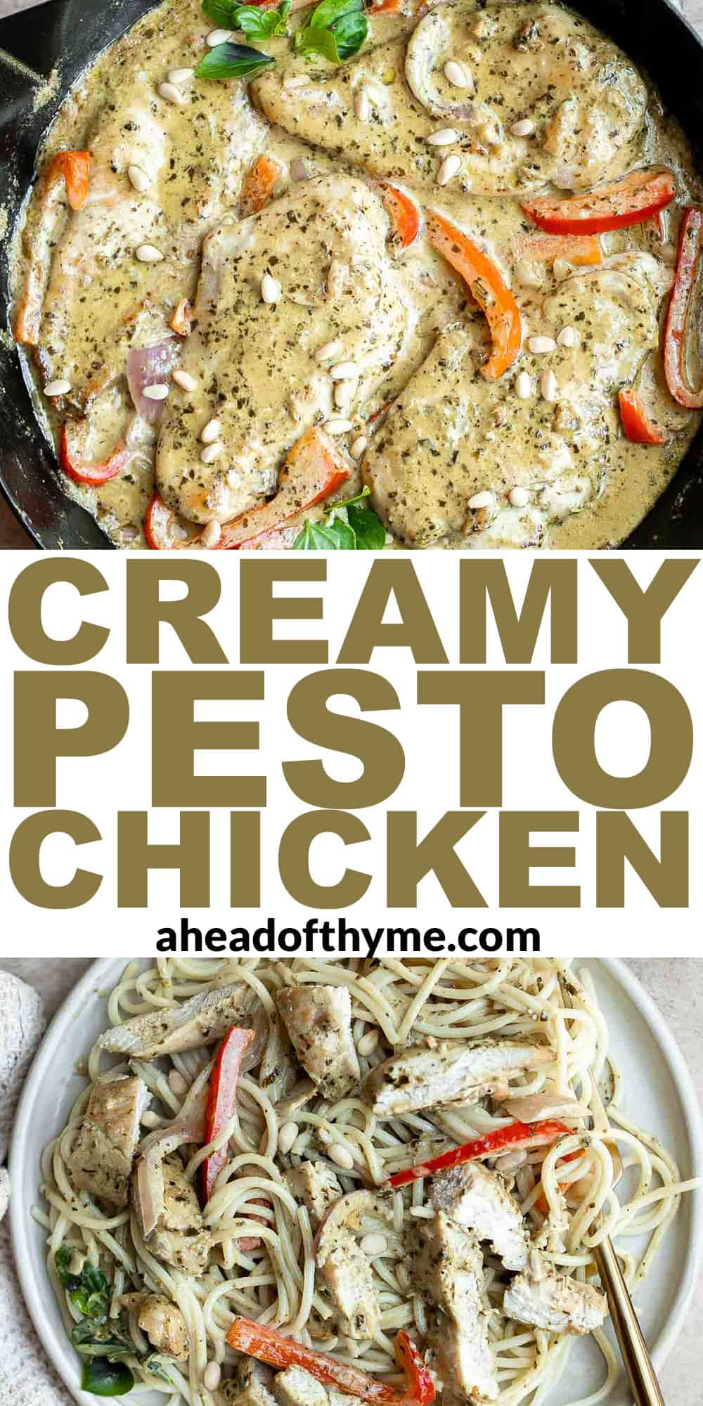 Creamy Pesto Chicken is a quick and easy 30 minute meal that needs to be on your family weeknight dinner rotation. It's rich, creamy, and delicious. | aheadofthyme.com