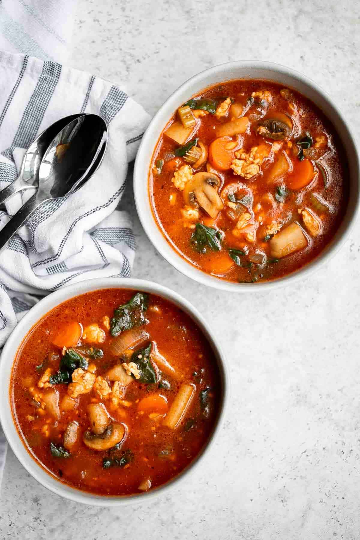 Ground Turkey Soup is hearty, nourishing, and healthy. Loaded with protein and veggies, this Italian soup is packed with flavor and is super filling. | aheadofthyme.com