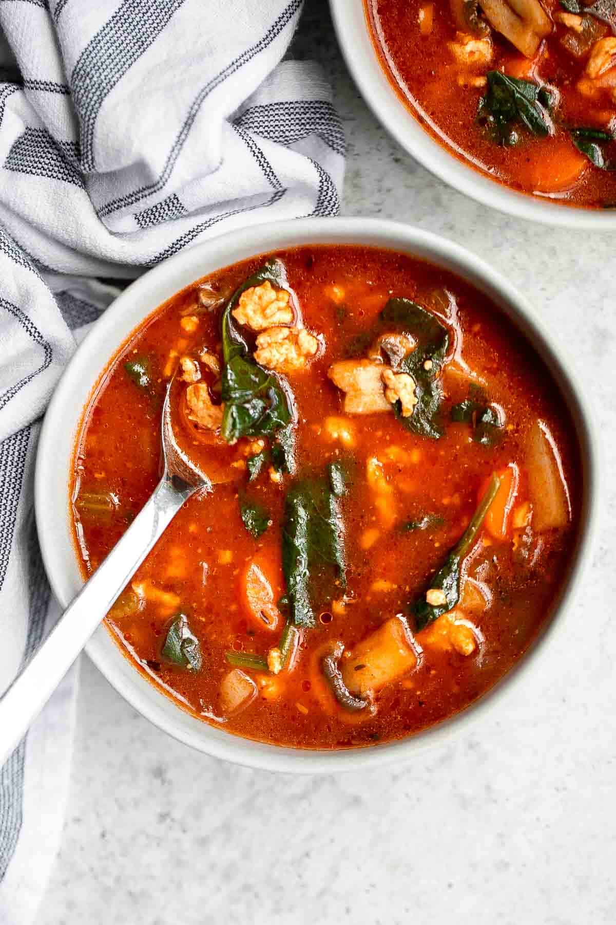 Ground Turkey Soup is hearty, nourishing, and healthy. Loaded with protein and veggies, this Italian soup is packed with flavor and is super filling. | aheadofthyme.com