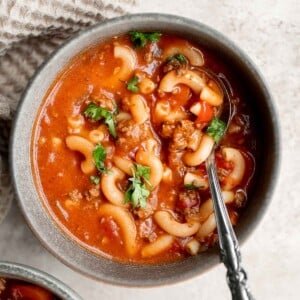 Hamburger soup with macaroni is a quick and easy weeknight dinner that‘s wholesome, filling, comforting and nutritious. Prep, cook and serve under an hour. | aheadofthyme.com
