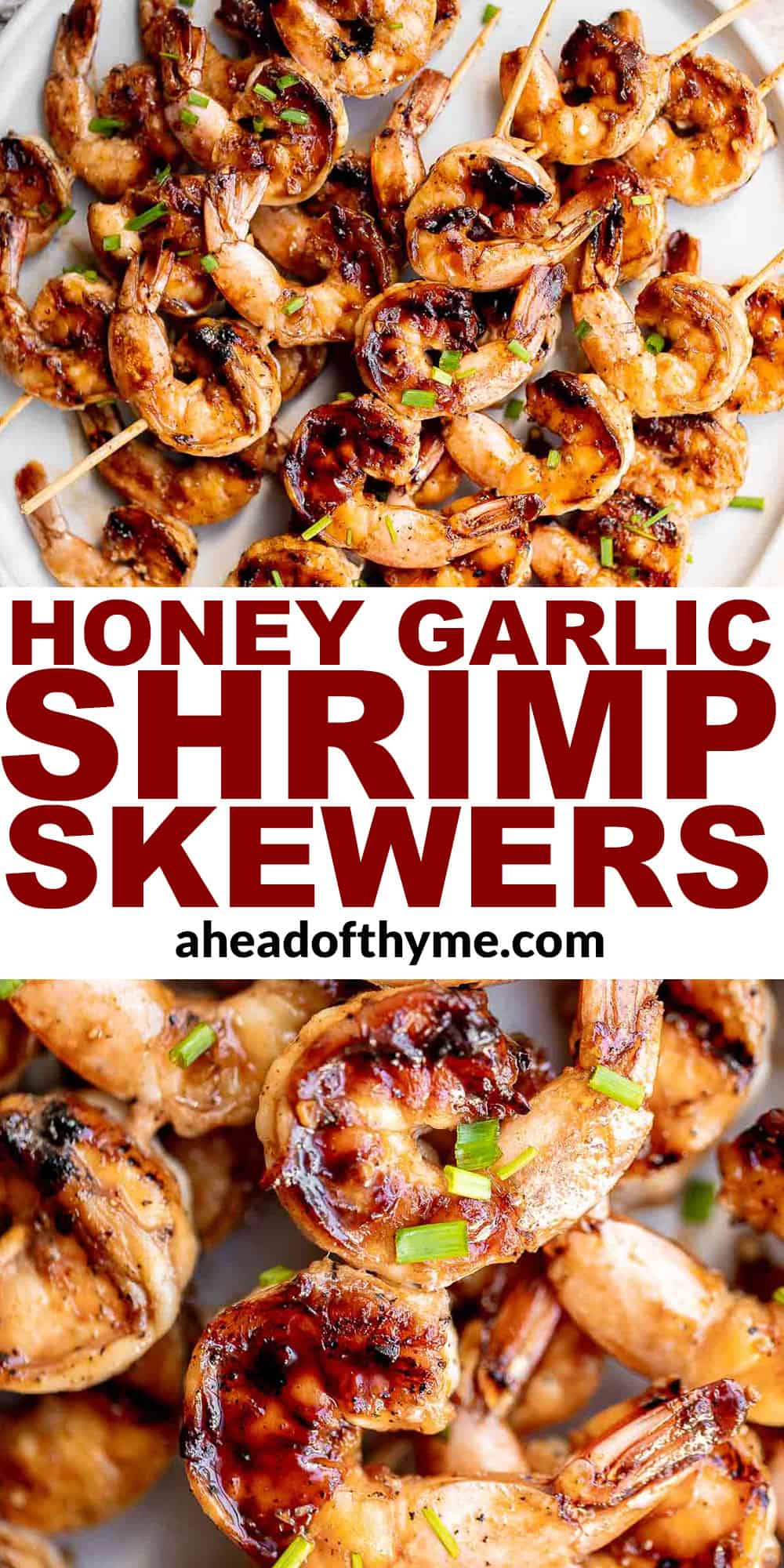 Grilled honey garlic shrimp skewers marinated in a flavorful Asian marinade are sweet and savory, loaded with flavor, and ready in 25 minutes. | aheadofthyme.com