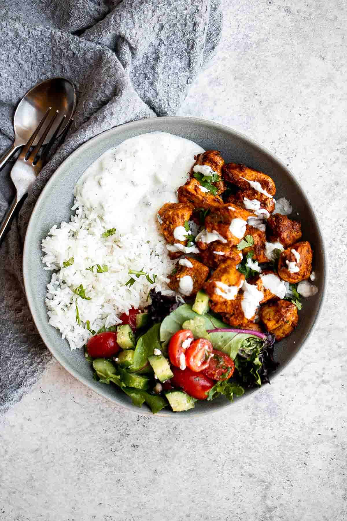 These Indian Rice Bowls are flavorful, delicious, and easy to assemble. These wholesome, filling rice bowls have it all — grains, protein, and veggies. | aheadofthyme.com