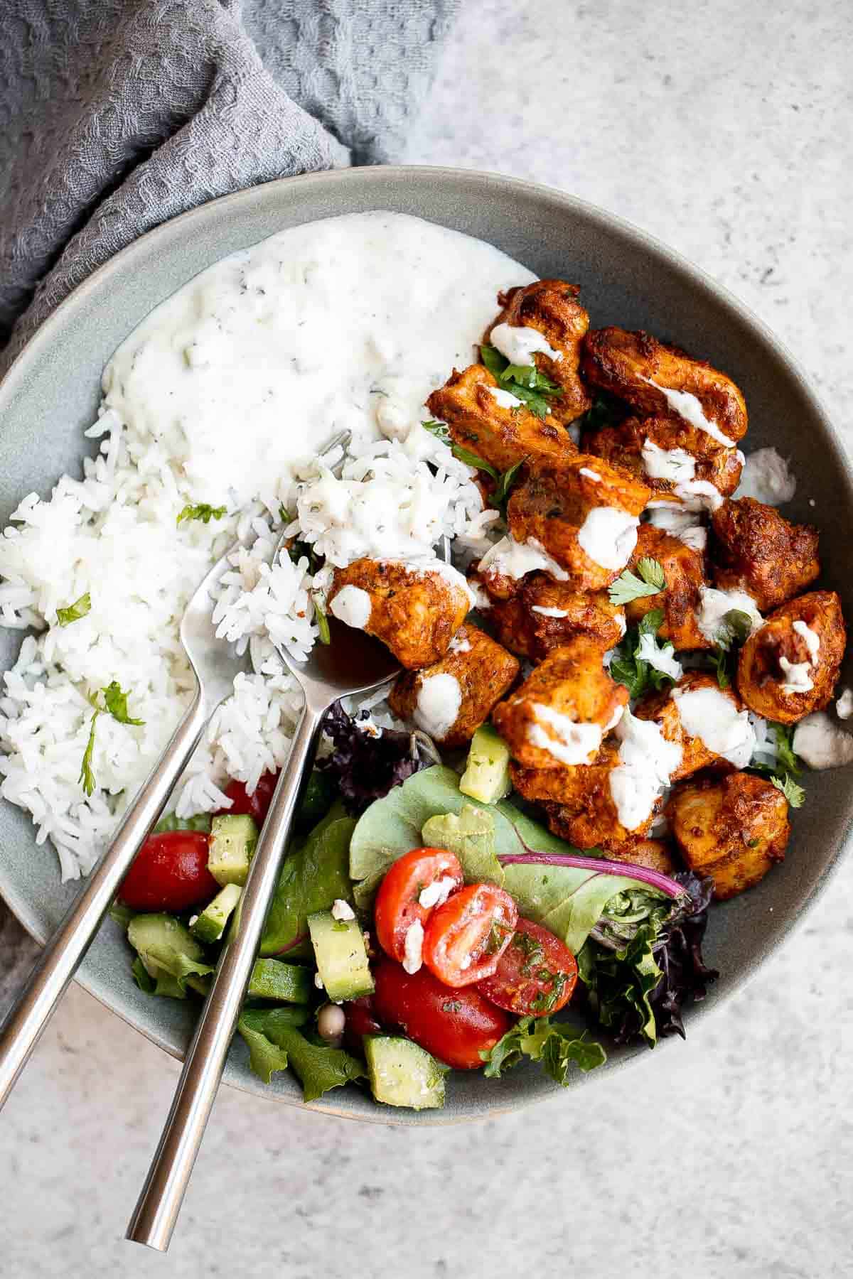 These Indian Rice Bowls are flavorful, delicious, and easy to assemble. These wholesome, filling rice bowls have it all — grains, protein, and veggies. | aheadofthyme.com