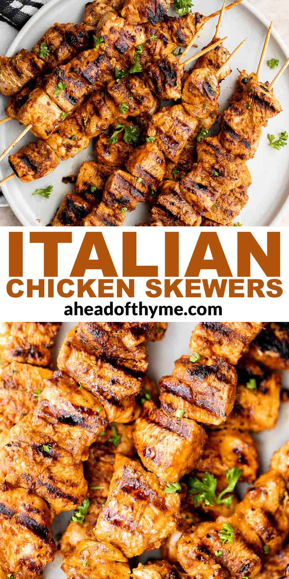 Italian Chicken Skewers are an easy, delicious, and flavorful grilled chicken dinner made with juicy chicken bites smothered in a herby tomato marinade. | aheadofthyme.com