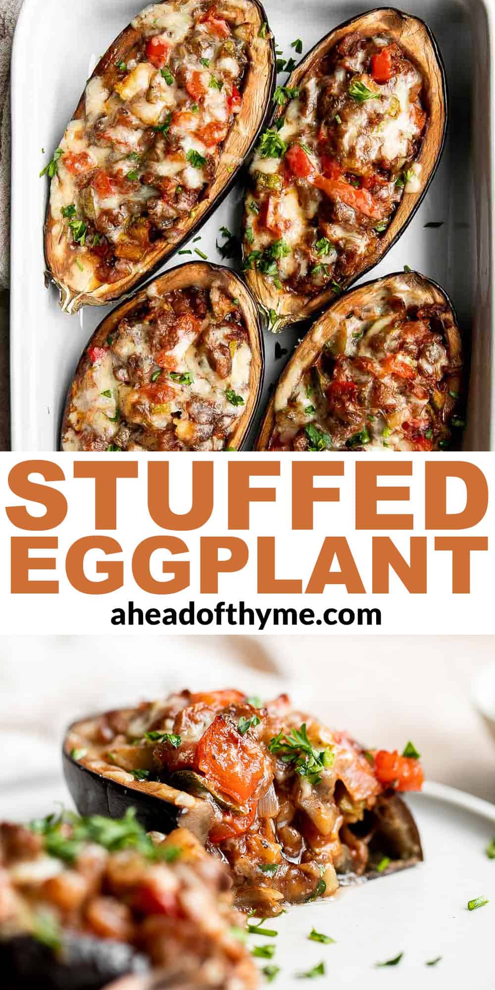 This Mediterranean Stuffed Eggplant is delicious, filling, and healthy. This vegetarian dinner is loaded with veggies and topped with bubbly cheese. | aheadofthyme.com