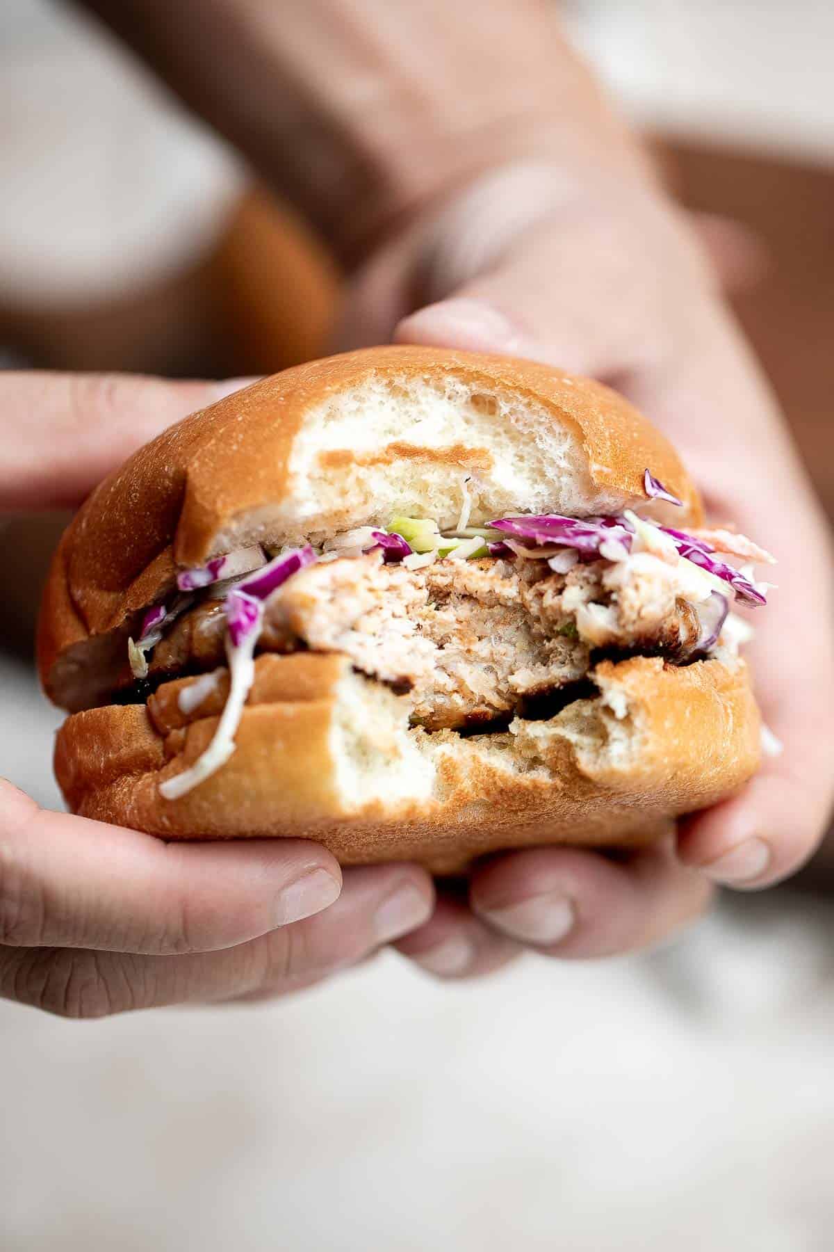 These Thai Turkey Burgers topped with a crisp and creamy slaw are loaded with fresh and bright flavors, healthy and delicious, and quick and easy to make. | aheadofthyme.com