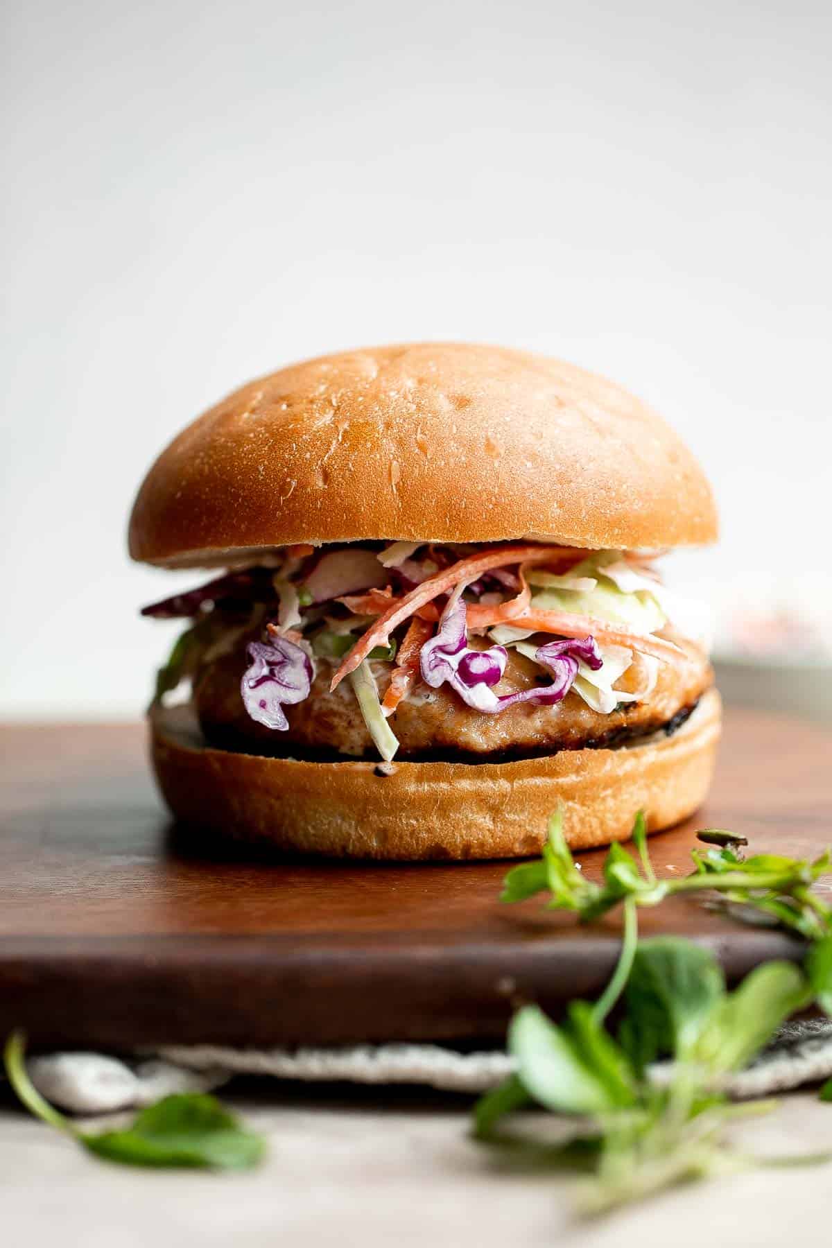 These Thai Turkey Burgers topped with a crisp and creamy slaw are loaded with fresh and bright flavors, healthy and delicious, and quick and easy to make. | aheadofthyme.com