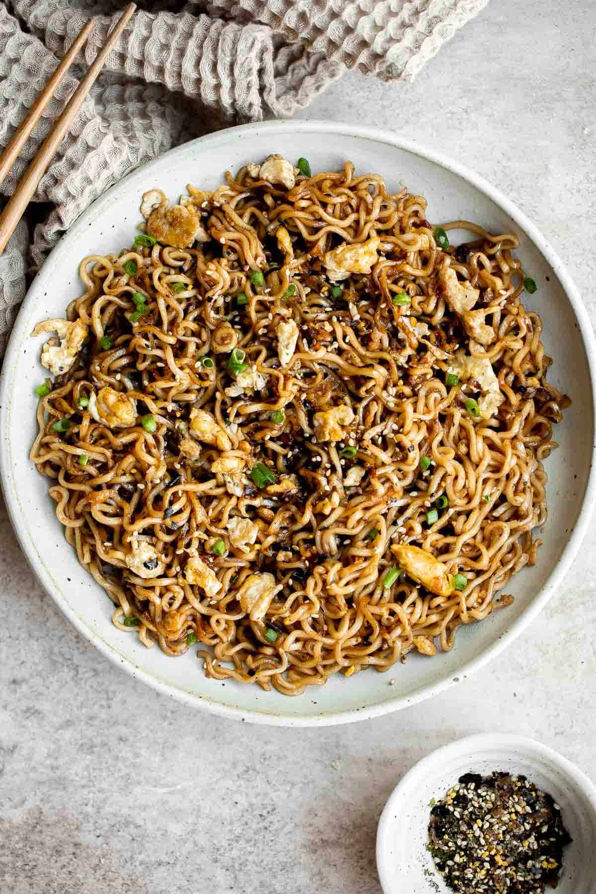 Tiktok ramen is savory, sweet and loaded with umami flavor. It's a quick and easy viral ramen hack with instant noodles, eggs, butter, garlic and soy sauce. | aheadofthyme.com