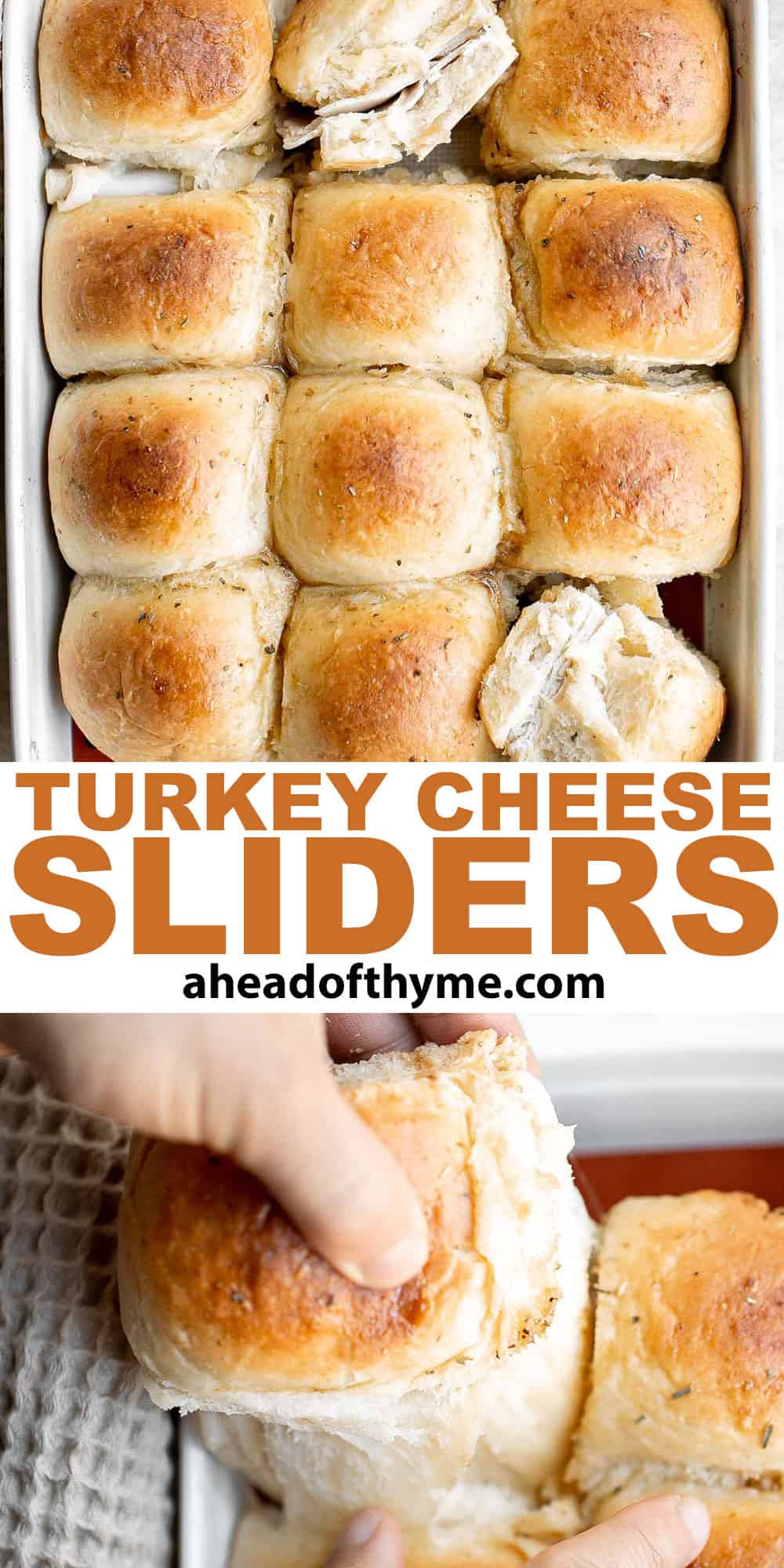 Turkey and Cheese Sliders are quick and easy, made with deli meat and Swiss cheese filled inside soft Hawaiian dinner rolls topped with a buttery sauce. | aheadofthyme.com