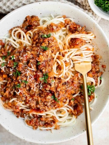 This Vegetarian Bolognese is a quick and easy vegetable-packed pasta with the flavor, texture, and goodness of a traditional Bolognese without the meat. | aheadofthyme.com