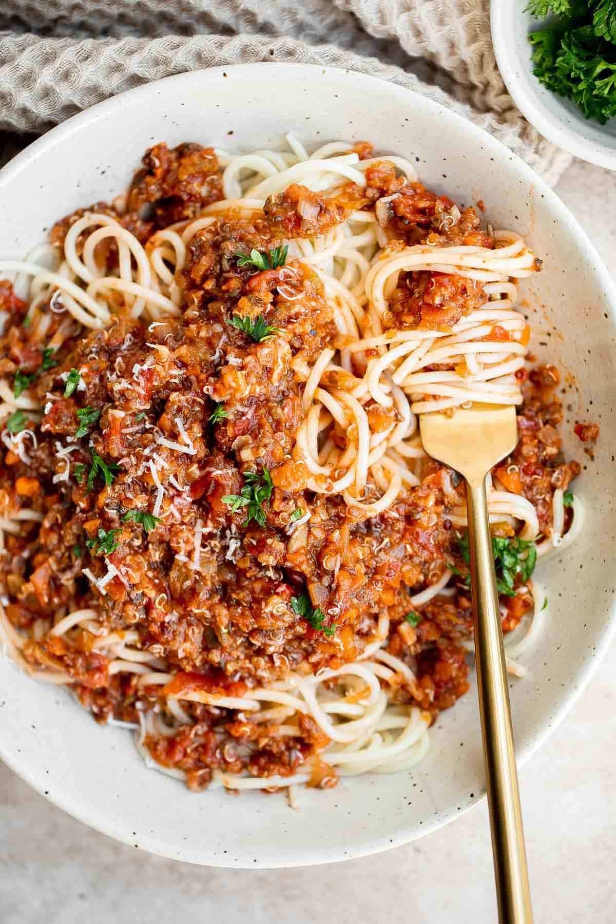 This Vegetarian Bolognese is a quick and easy vegetable-packed pasta with the flavor, texture, and goodness of a traditional Bolognese without the meat. | aheadofthyme.com