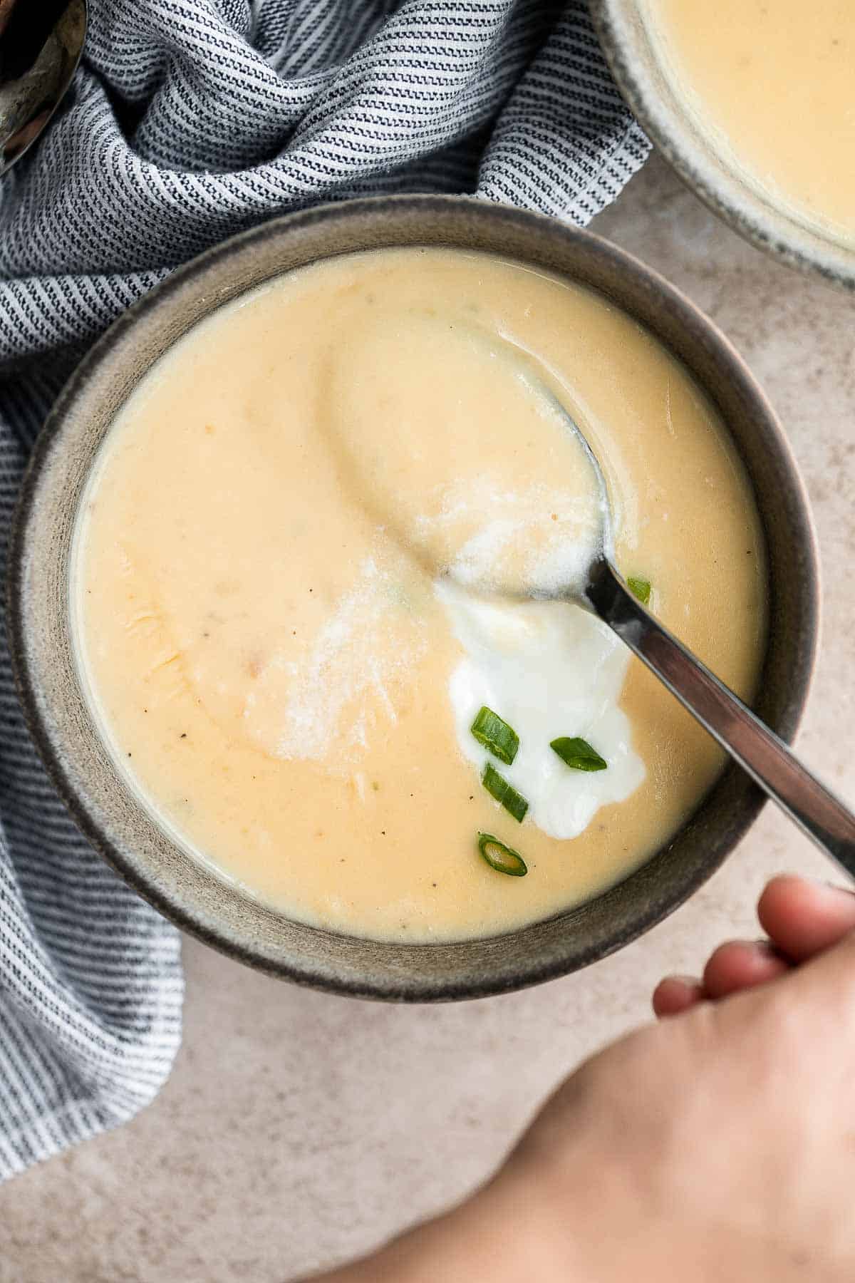 Cheesy Potato Soup is creamy, delicious, and comforting. This recipe takes everyday ingredients and transforms them in 30 minutes to a rich, luscious soup. | aheadofthyme.com