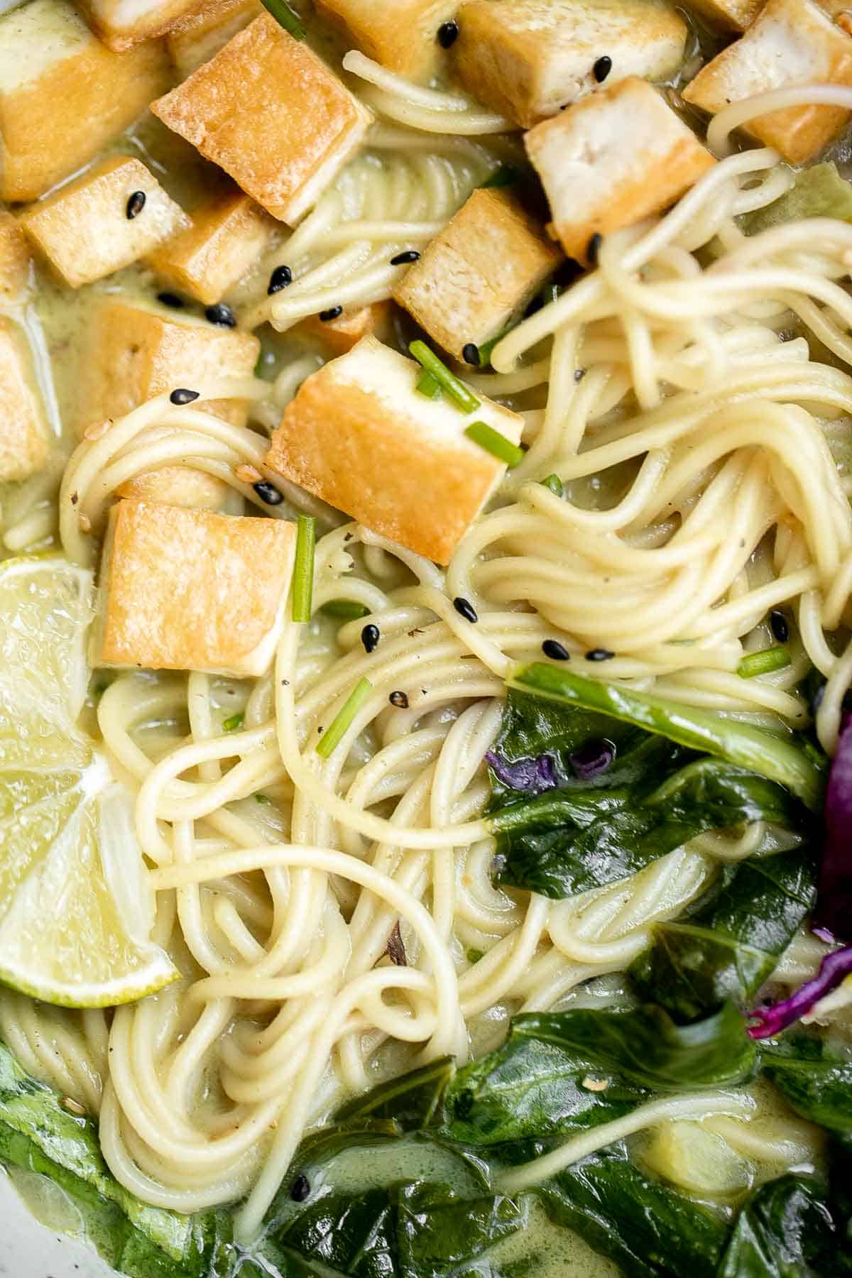 This Coconut Curry Ramen is creamy, rich, comforting, and delicious, with a perfect blend of mouthwatering textures and flavors and ready in 25 minutes. | aheadofthyme.com