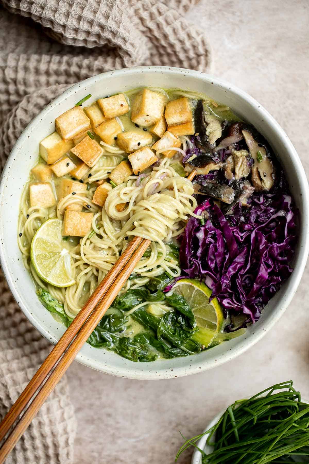 This Coconut Curry Ramen is creamy, rich, comforting, and delicious, with a perfect blend of mouthwatering textures and flavors and ready in 25 minutes. | aheadofthyme.com