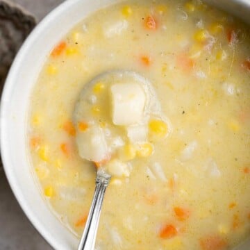 Potato Corn Chowder is rich, creamy, hearty, and delicious. Made with simple ingredients in 35 minutes, this vegetarian soup is perfect for a quick meal. | aheadofthyme.com