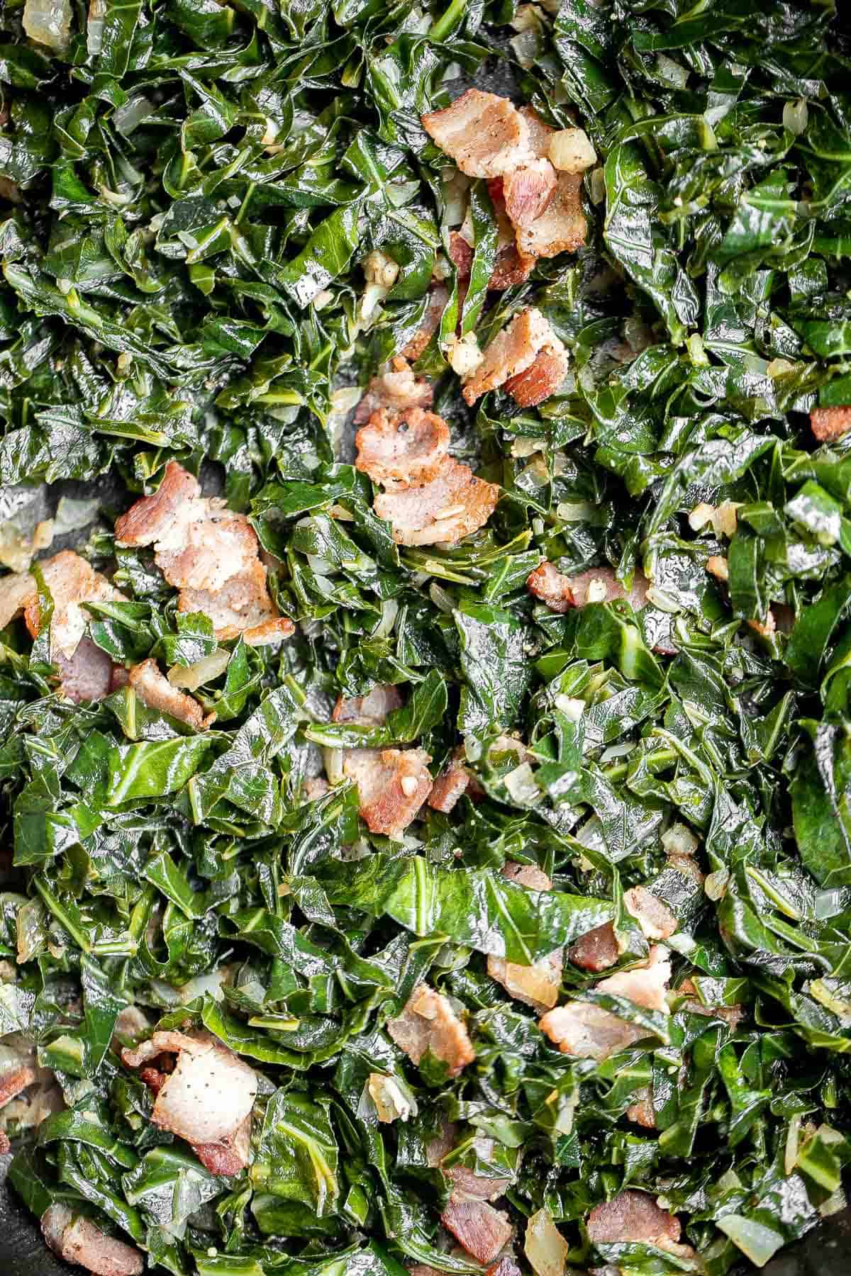 Collard greens with bacon is a flavorful, delicious, and healthy side dish that is quick to make in 25 minutes. A stress-free holiday side for Christmas. | aheadofthyme.com