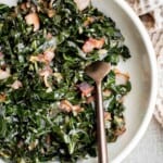 Collard greens with bacon is a flavorful, delicious, and healthy side dish that is quick to make in 25 minutes. A stress-free holiday side for Christmas. | aheadofthyme.com